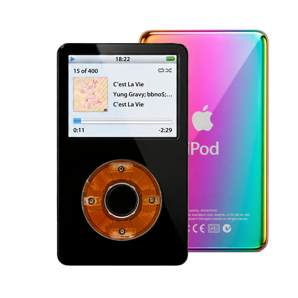 Black refurbished iPod Video 5.5 Gen with Clear click wheel and Rainbow back plate