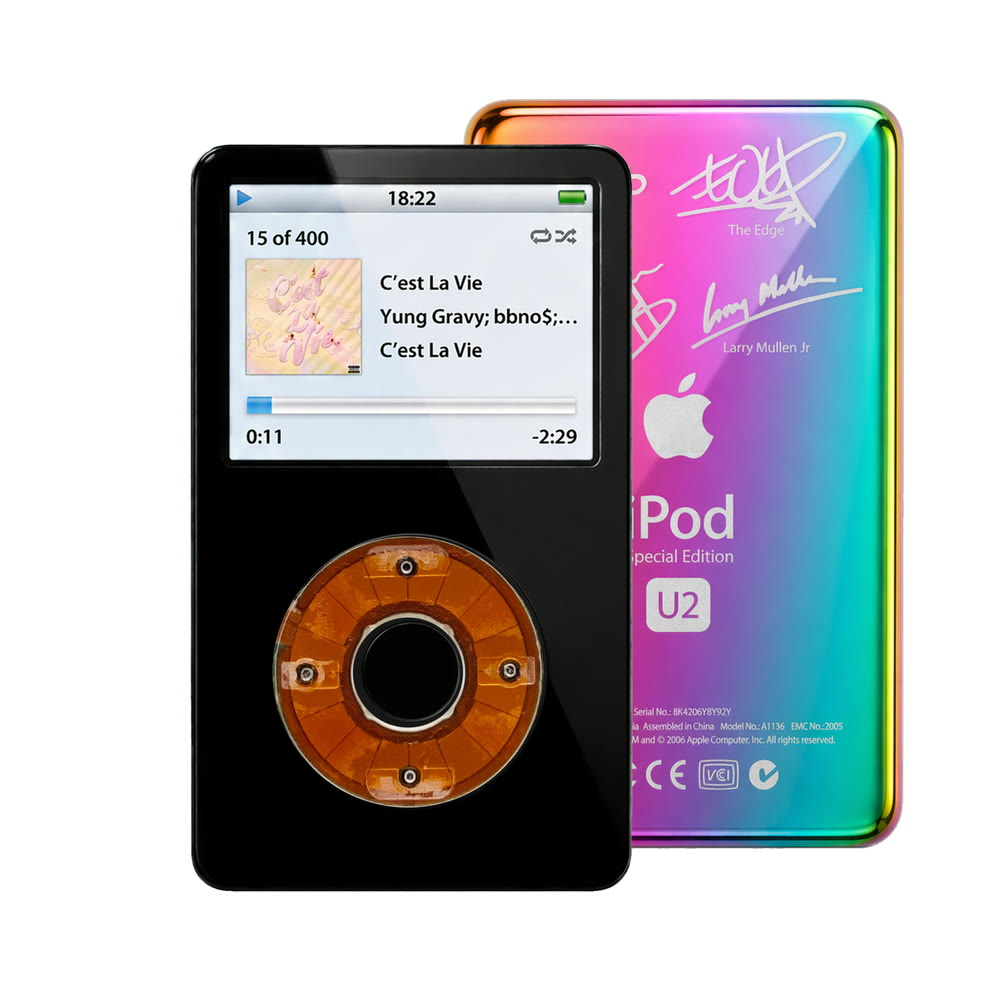 Black refurbished iPod Video 5.5 Gen with Clear click wheel and Rainbow U2 back plate