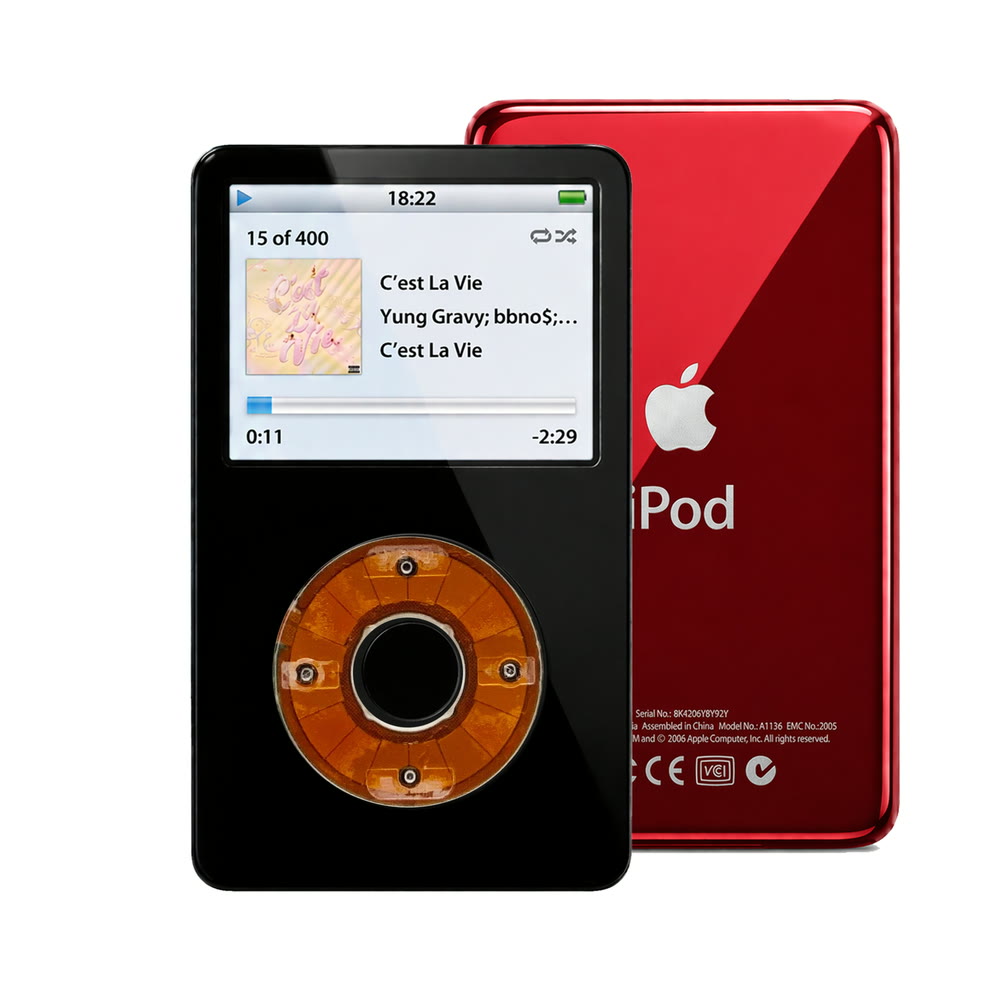 Black refurbished iPod Video 5.5 Gen with Clear click wheel and Red back plate