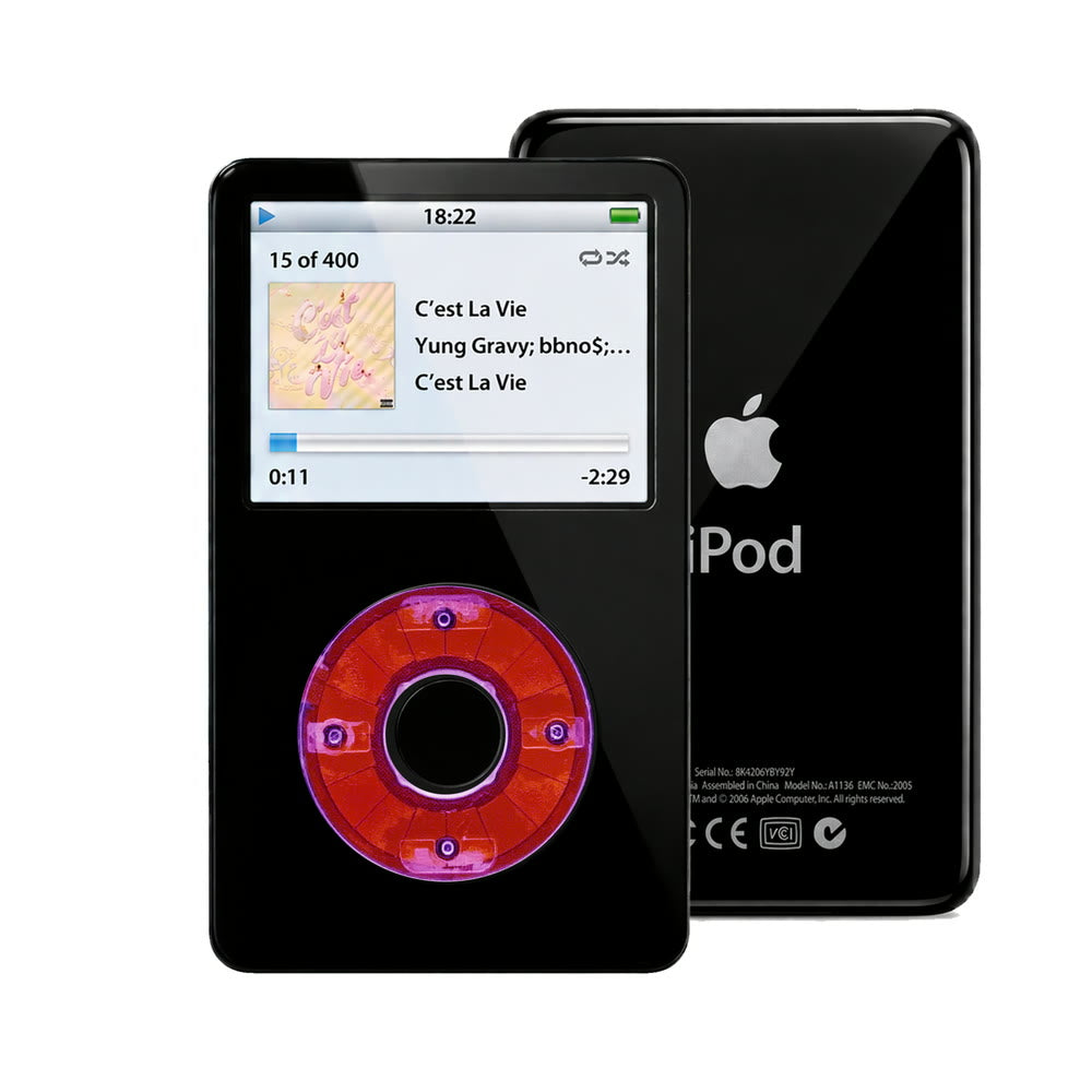 Black refurbished iPod Video 5.5 Gen with Clear Purple click wheel and Black back plate