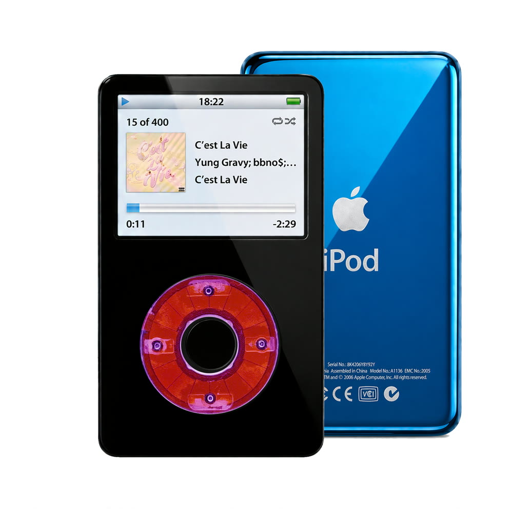 Black refurbished iPod Video 5.5 Gen with Clear Purple click wheel and Blue back plate