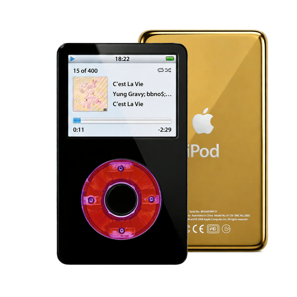 Black refurbished iPod Video 5.5 Gen with Clear Purple click wheel and Gold back plate