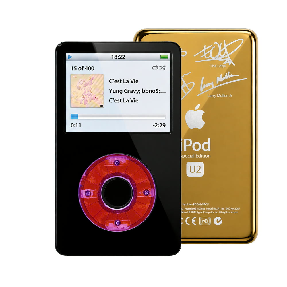 Black refurbished iPod Video 5.5 Gen with Clear Purple click wheel and Gold U2 back plate