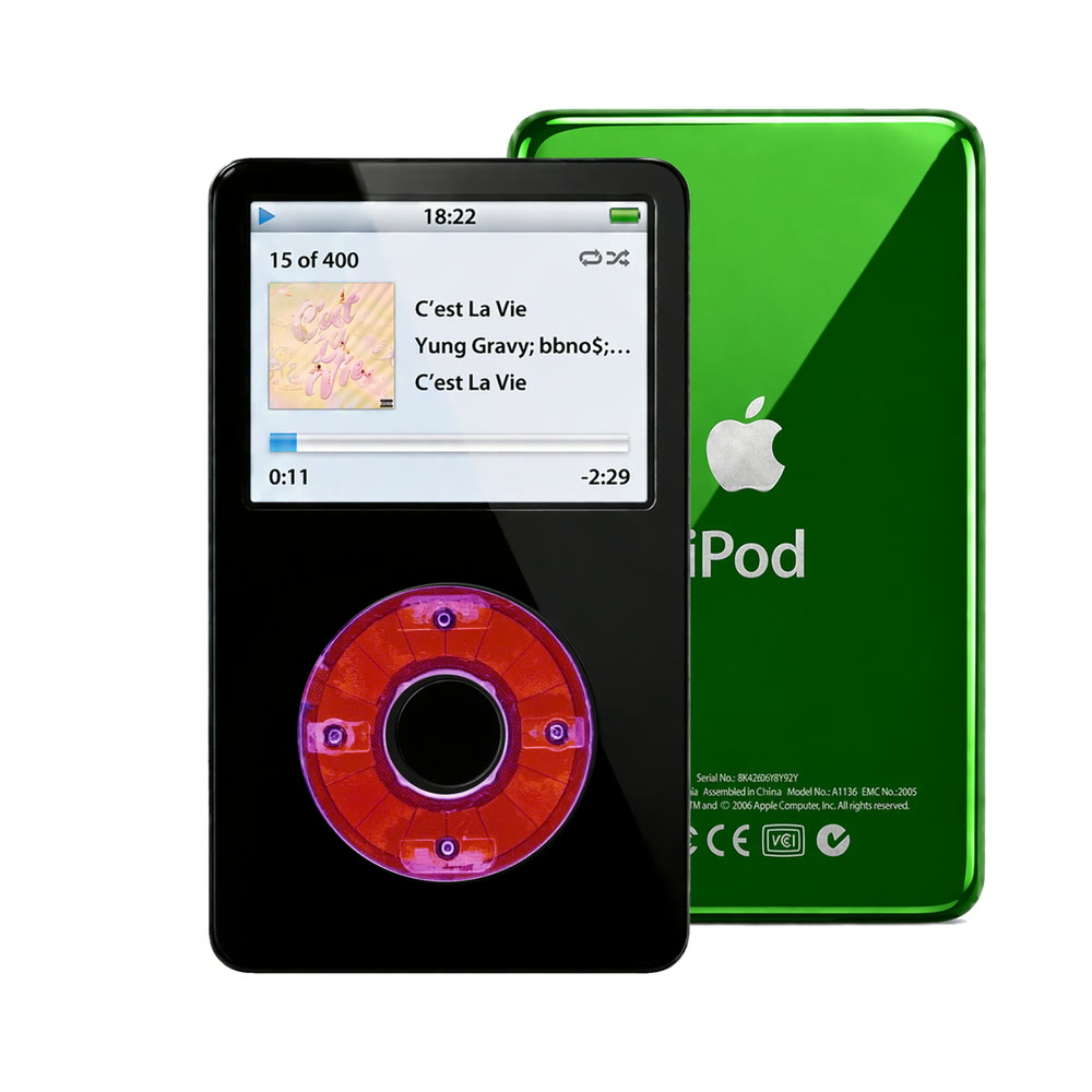 Black refurbished iPod Video 5.5 Gen with Clear Purple click wheel and Green back plate