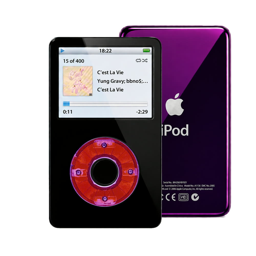 Black refurbished iPod Video 5.5 Gen with Clear Purple click wheel and Purple back plate