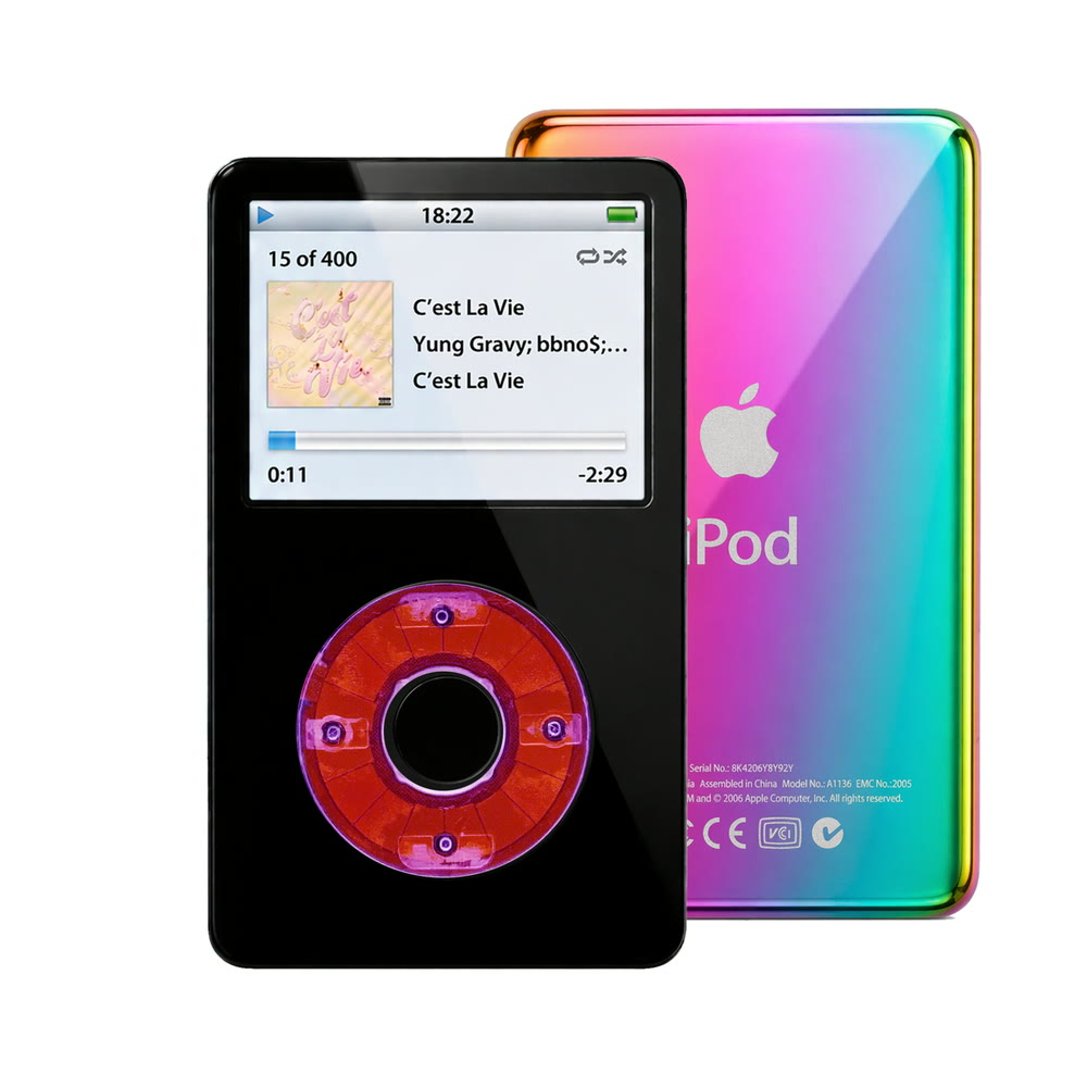 Black refurbished iPod Video 5.5 Gen with Clear Purple click wheel and Rainbow back plate