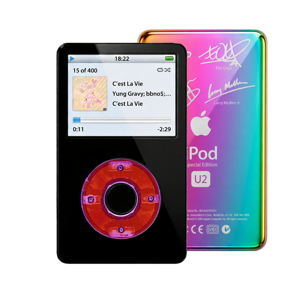 Black refurbished iPod Video 5.5 Gen with Clear Purple click wheel and Rainbow U2 back plate