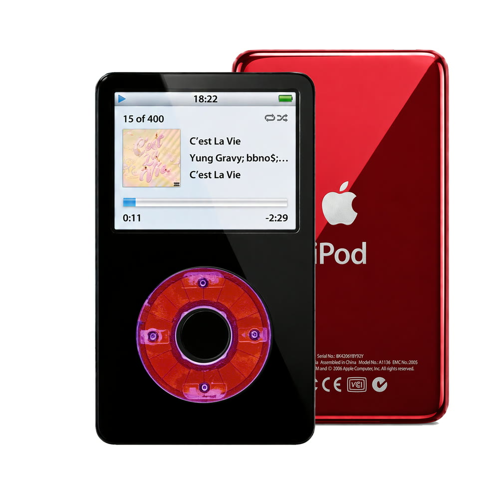 Black refurbished iPod Video 5.5 Gen with Clear Purple click wheel and Red back plate