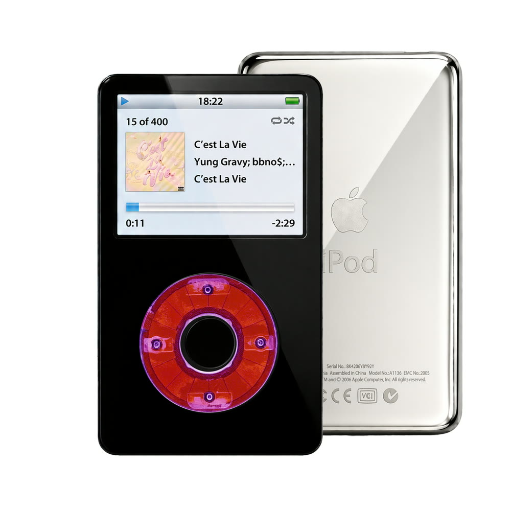 Black refurbished iPod Video 5.5 Gen with Clear Purple click wheel and Silver back plate