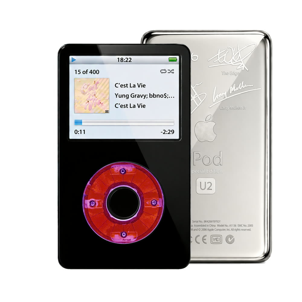 Black refurbished iPod Video 5.5 Gen with Clear Purple click wheel and Silver U2 back plate