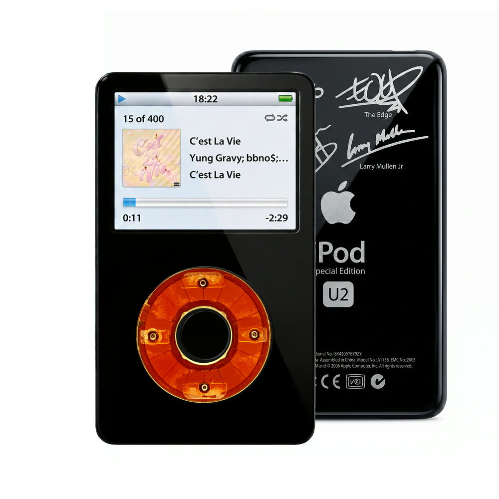 Black refurbished iPod Video 5.5 Gen with Clear Red click wheel and Black U2 back plate