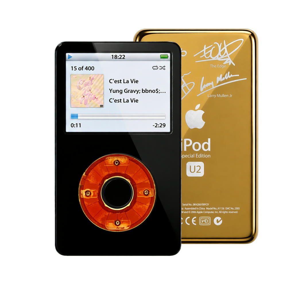 Black refurbished iPod Video 5.5 Gen with Clear Red click wheel and Gold U2 back plate