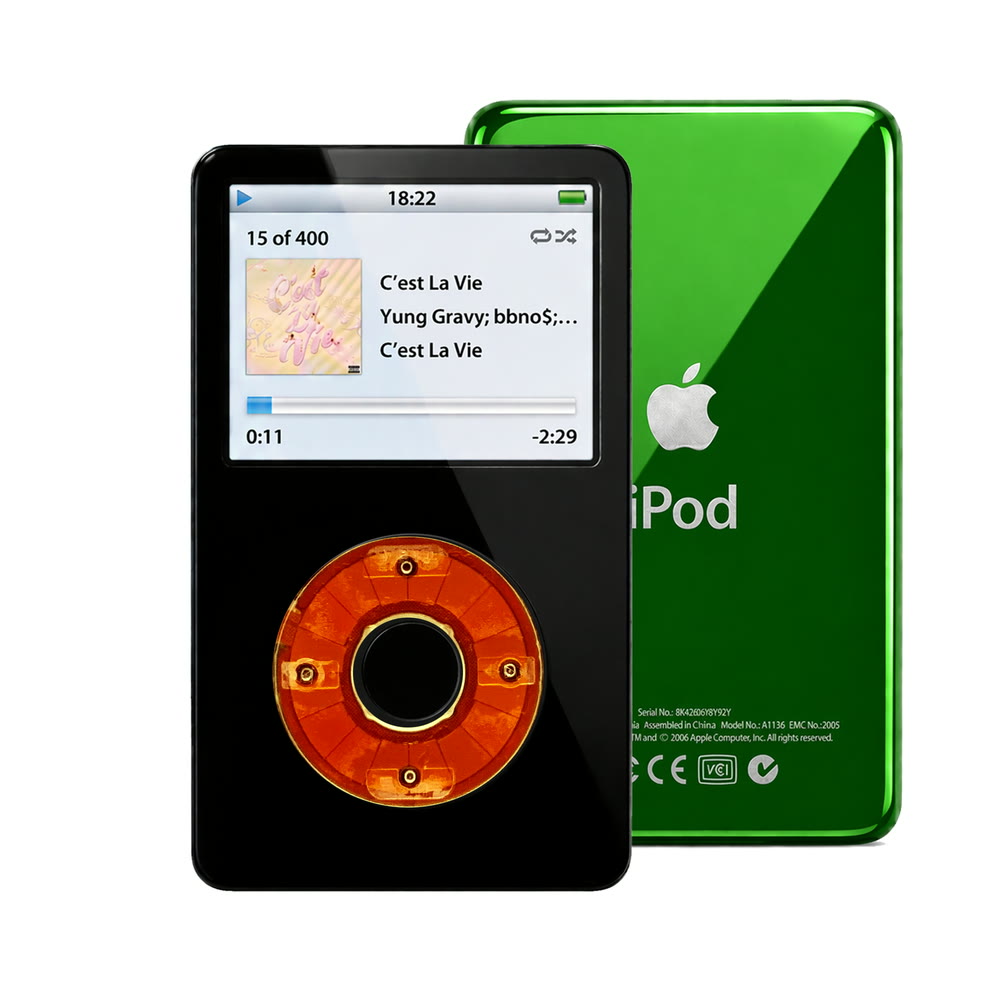 Black refurbished iPod Video 5.5 Gen with Clear Red click wheel and Green back plate