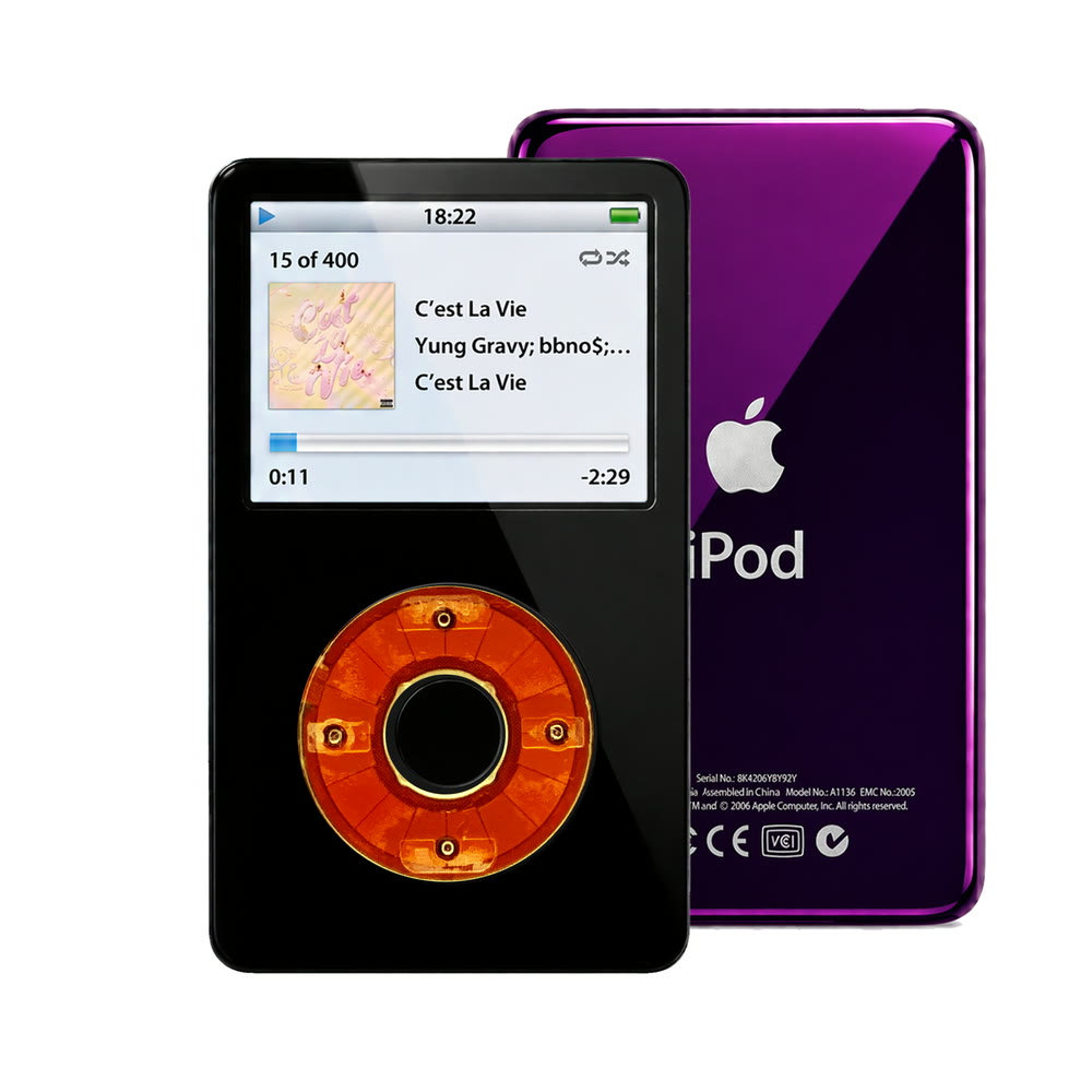 Black refurbished iPod Video 5.5 Gen with Clear Red click wheel and Purple back plate