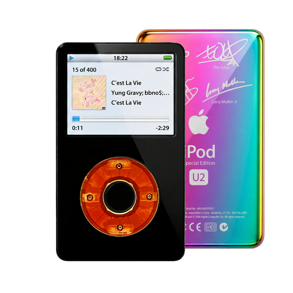 Black refurbished iPod Video 5.5 Gen with Clear Red click wheel and Rainbow U2 back plate