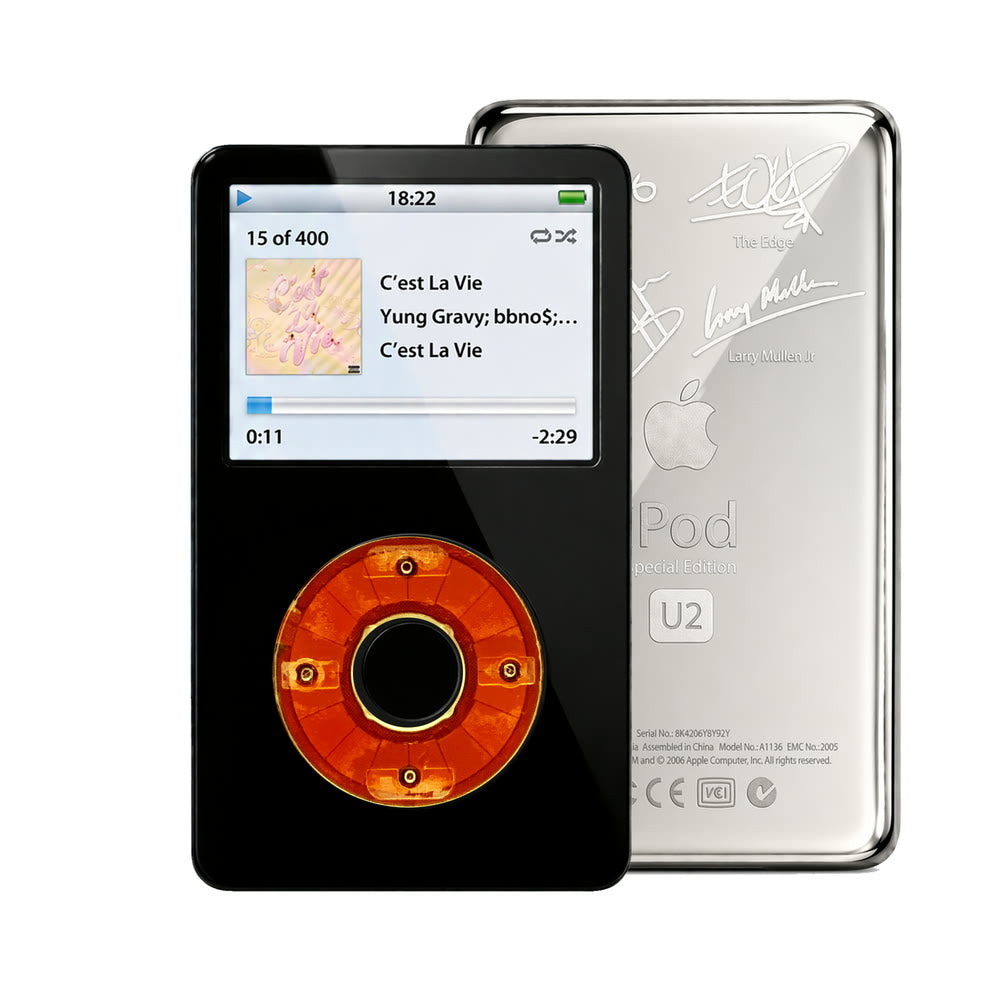 Black refurbished iPod Video 5.5 Gen with Clear Red click wheel and Silver U2 back plate