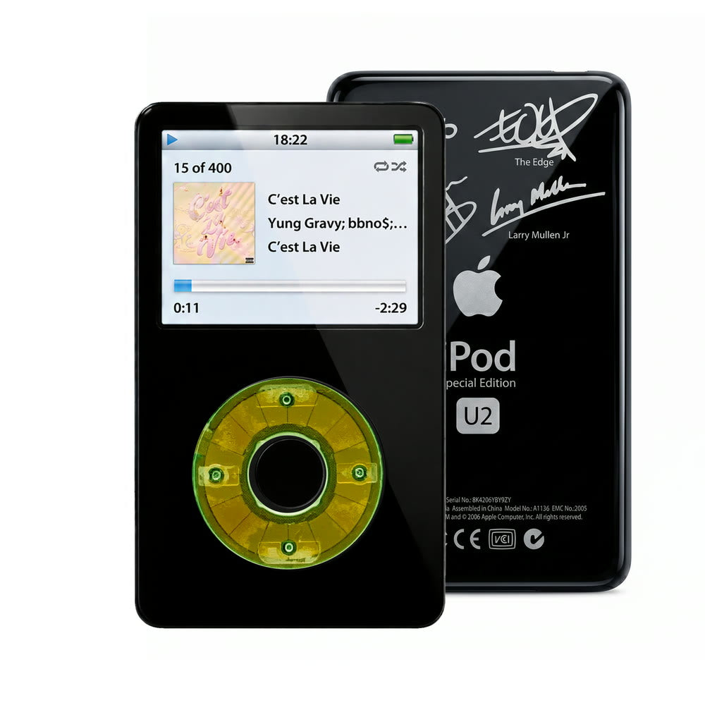 Black refurbished iPod Video 5.5 Gen with Clear Silver Green click wheel and Black U2 back plate