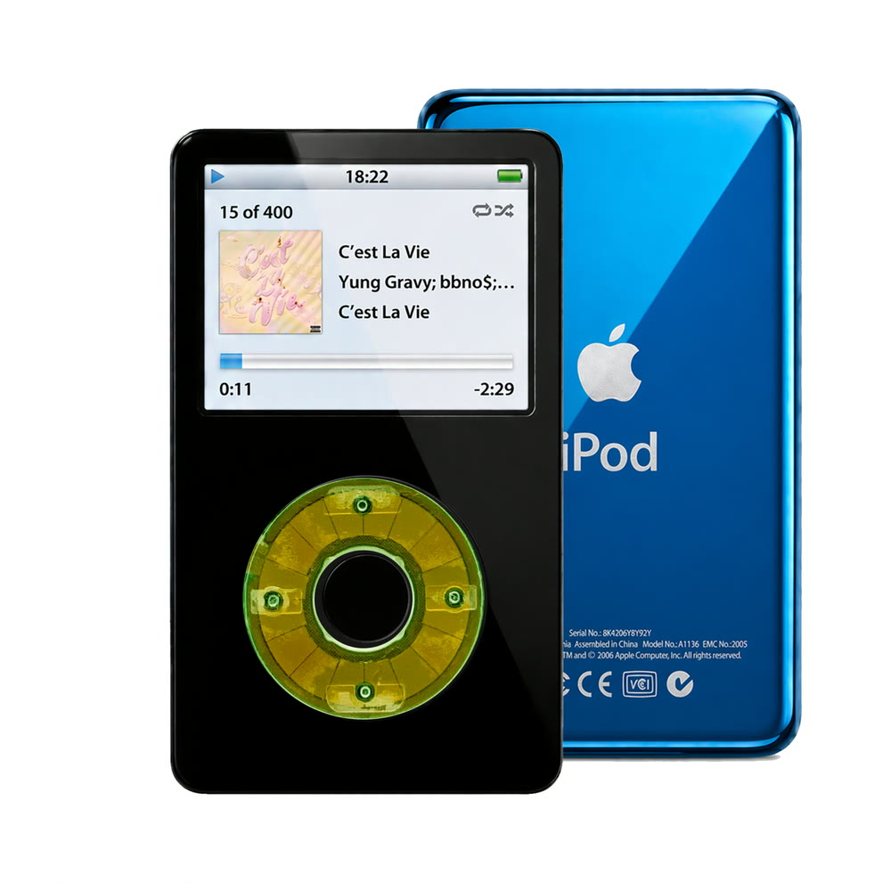 Black refurbished iPod Video 5.5 Gen with Clear Silver Green click wheel and Blue back plate