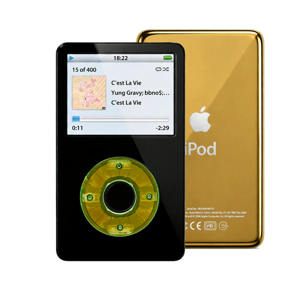 Black refurbished iPod Video 5.5 Gen with Clear Silver Green click wheel and Gold back plate
