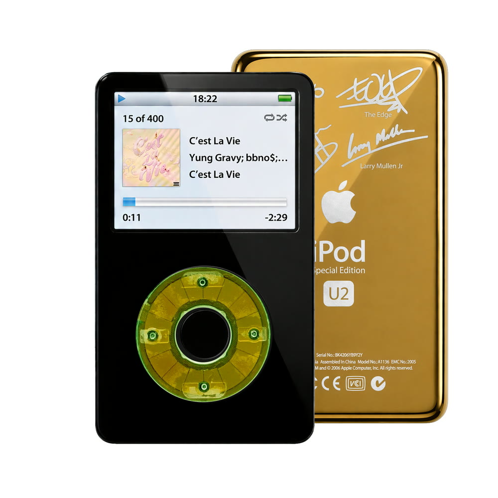 Black refurbished iPod Video 5.5 Gen with Clear Silver Green click wheel and Gold U2 back plate