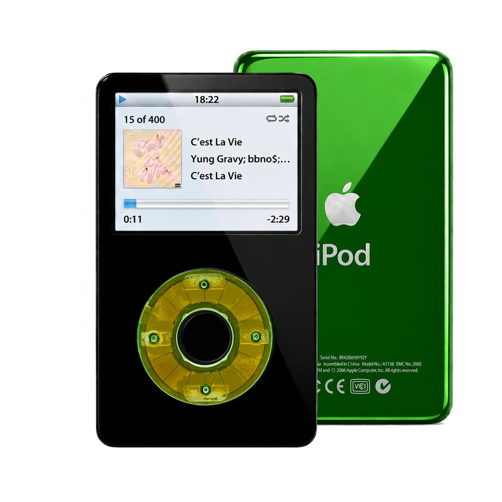 Black refurbished iPod Video 5.5 Gen with Clear Silver Green click wheel and Green back plate