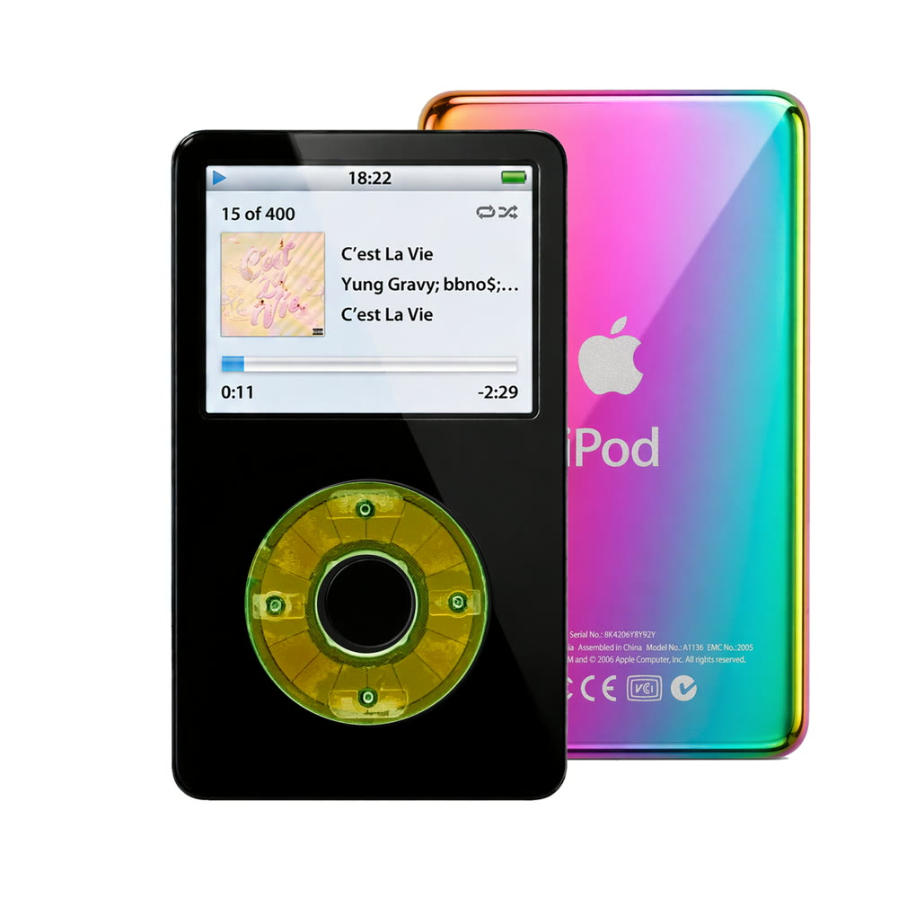 Black refurbished iPod Video 5.5 Gen with Clear Silver Green click wheel and Rainbow back plate
