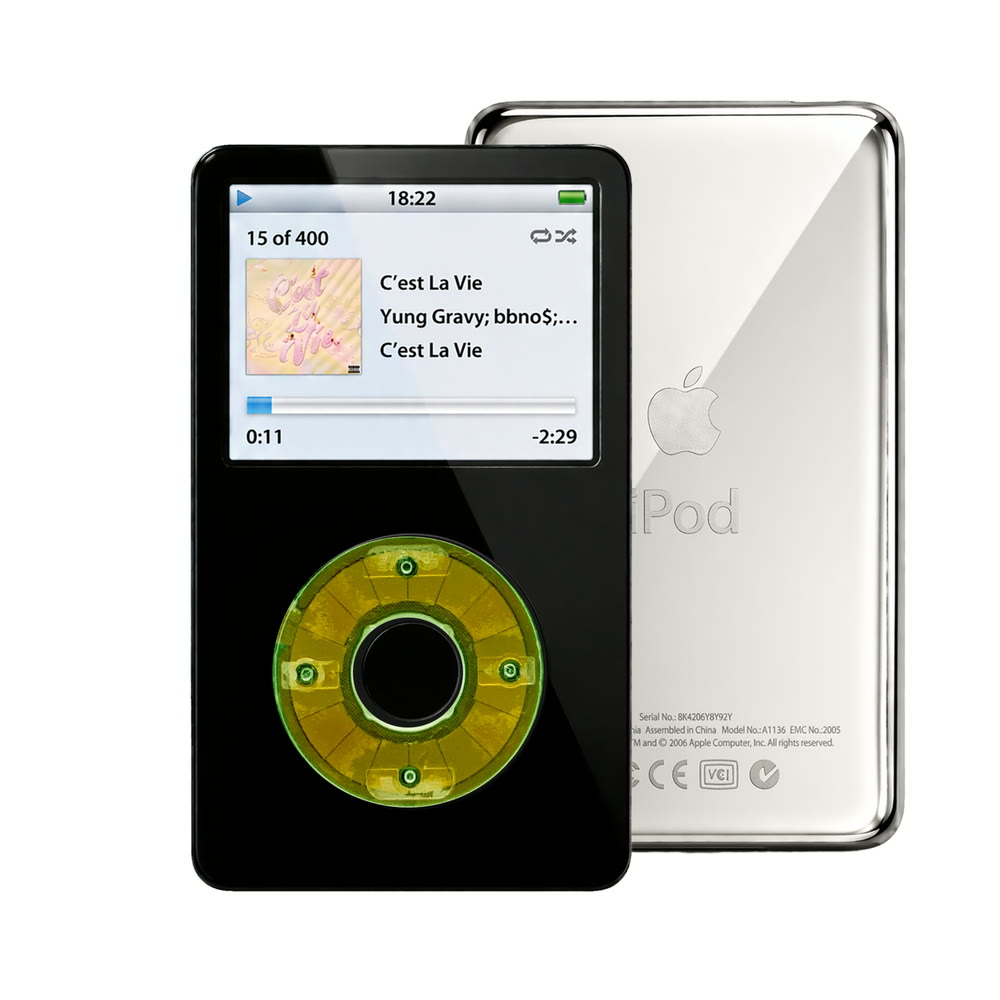 Black refurbished iPod Video 5.5 Gen with Clear Silver Green click wheel and Silver back plate