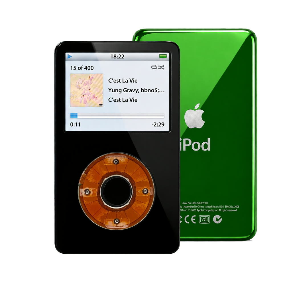 Black refurbished iPod Video 5.5 Gen with Clear Yellow click wheel and Green back plate