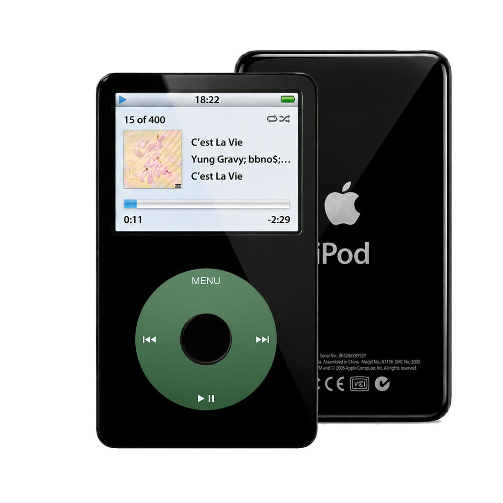 Black refurbished iPod Video 5.5 Gen with Green click wheel and Black back plate