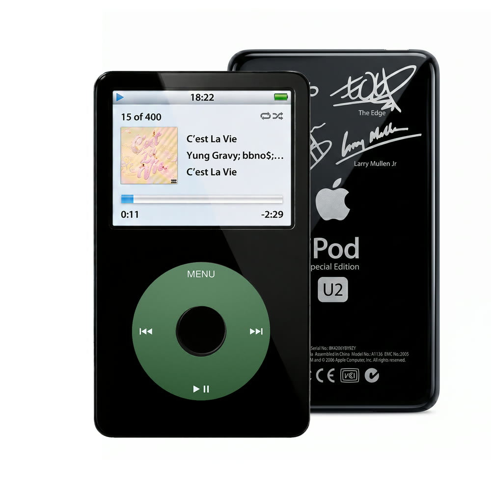 Black refurbished iPod Video 5.5 Gen with Green click wheel and Black U2 back plate