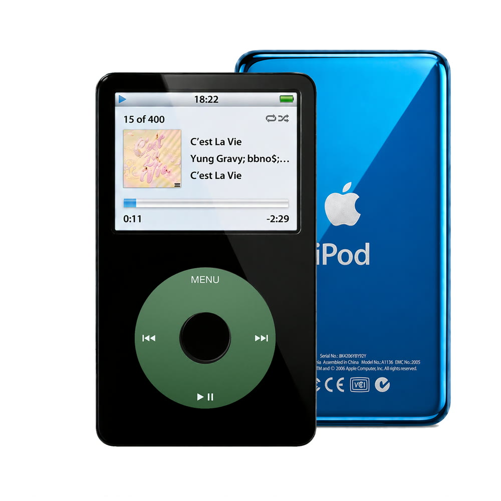 Black refurbished iPod Video 5.5 Gen with Green click wheel and Blue back plate