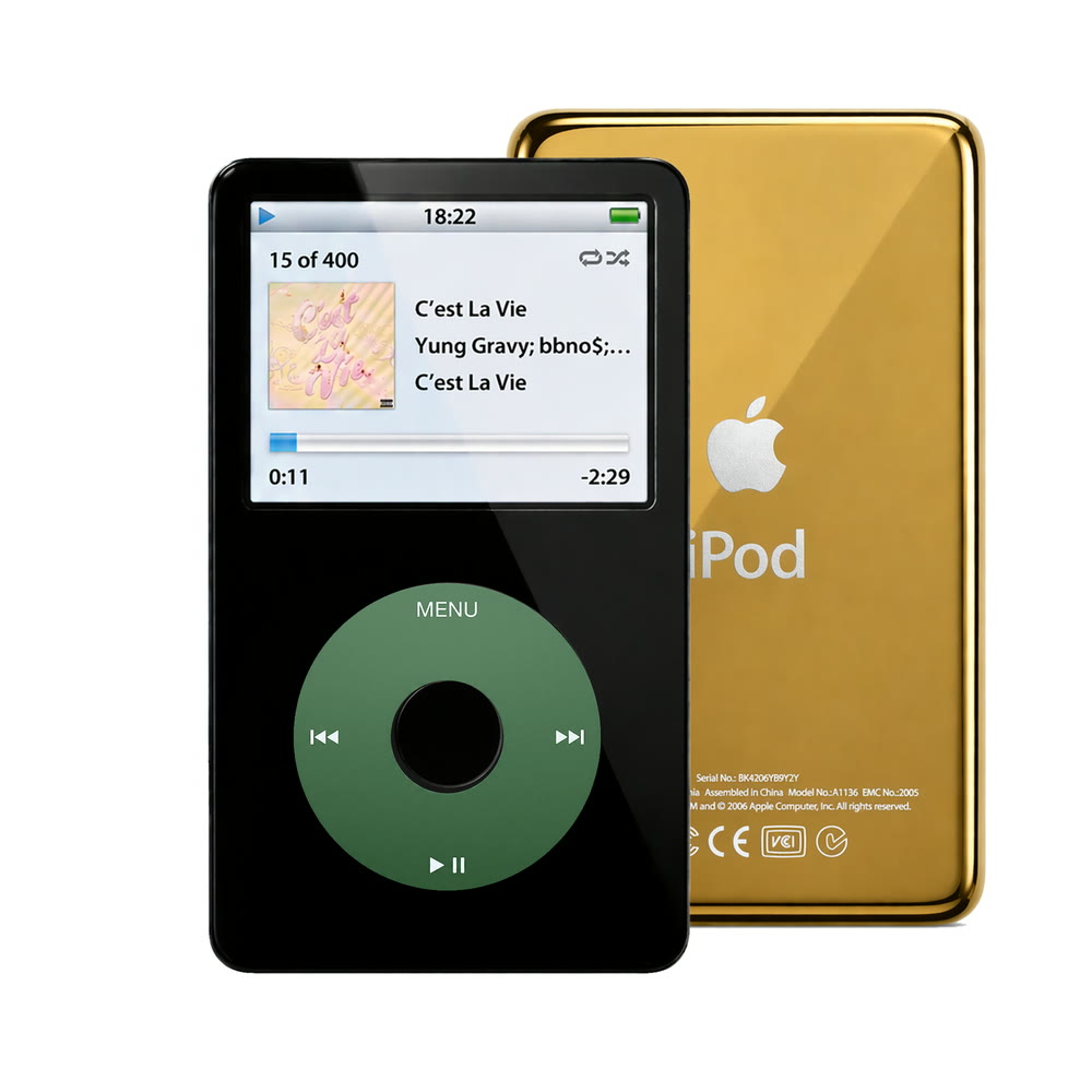 Black refurbished iPod Video 5.5 Gen with Green click wheel and Gold back plate