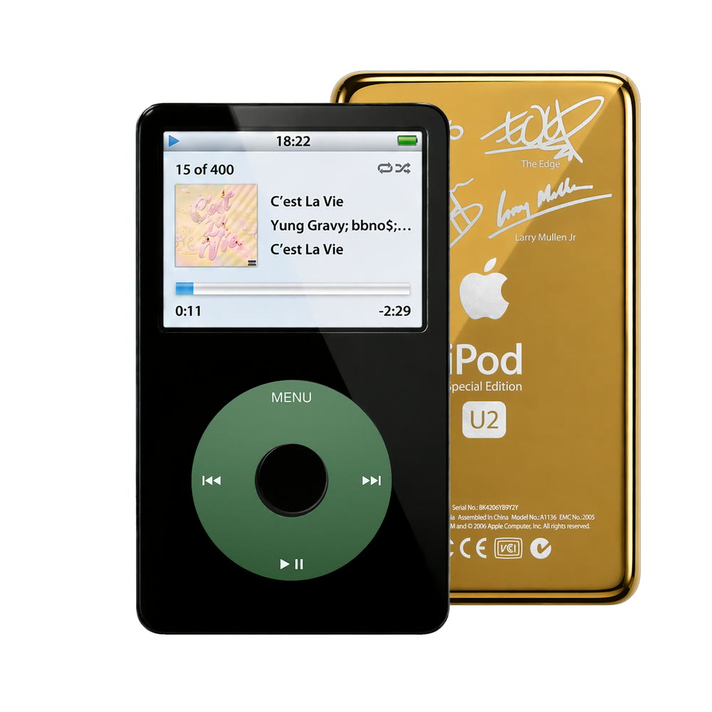 Black refurbished iPod Video 5.5 Gen with Green click wheel and Gold U2 back plate