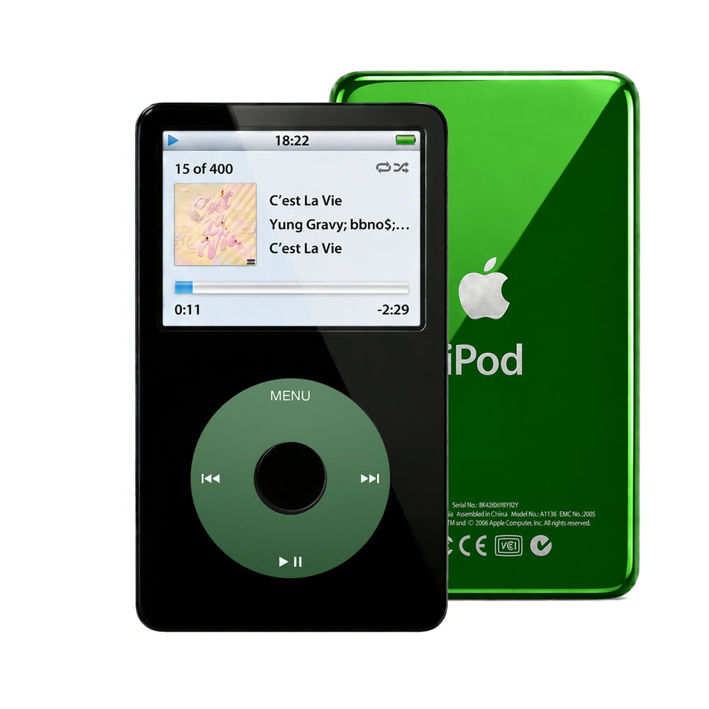 Black refurbished iPod Video 5.5 Gen with Green click wheel and Green back plate