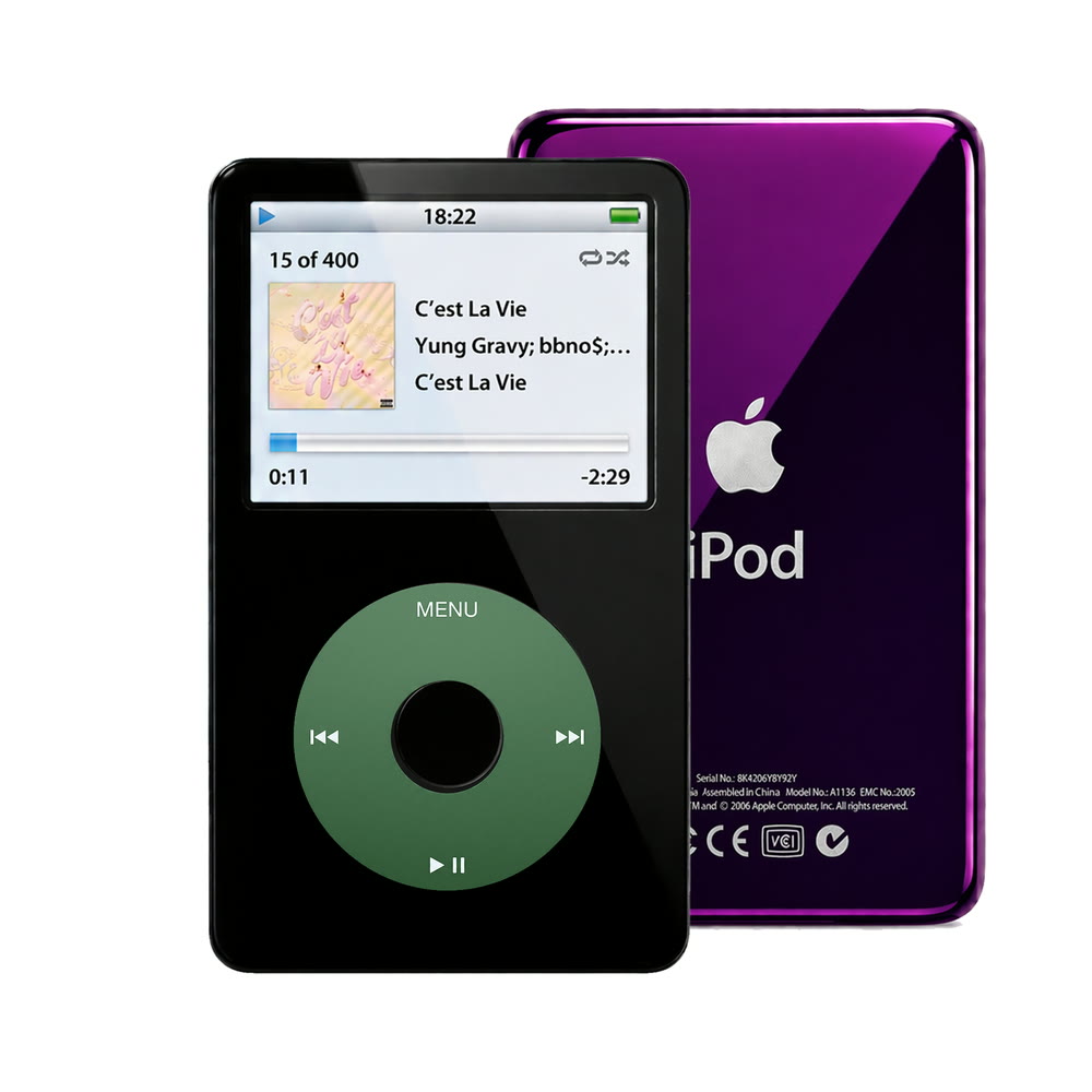 Black refurbished iPod Video 5.5 Gen with Green click wheel and Purple back plate