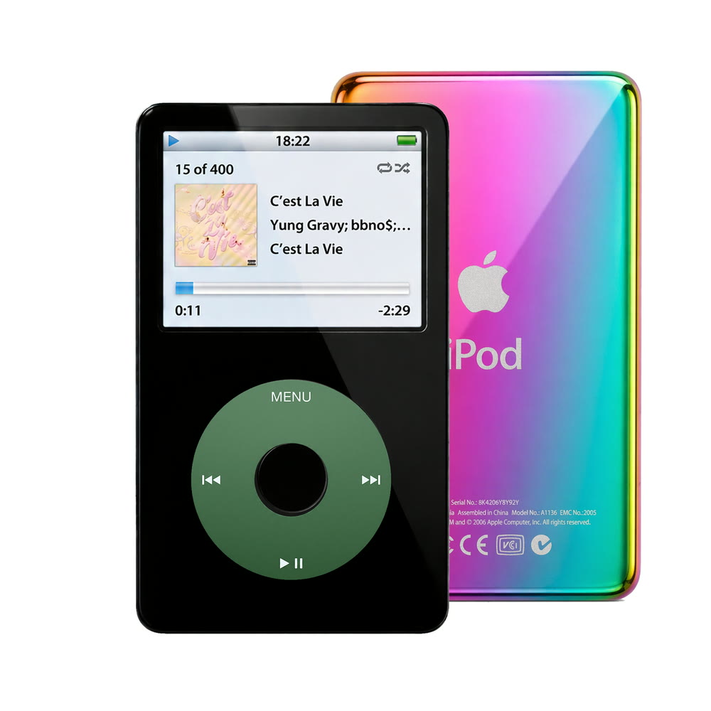Black refurbished iPod Video 5.5 Gen with Green click wheel and Rainbow back plate