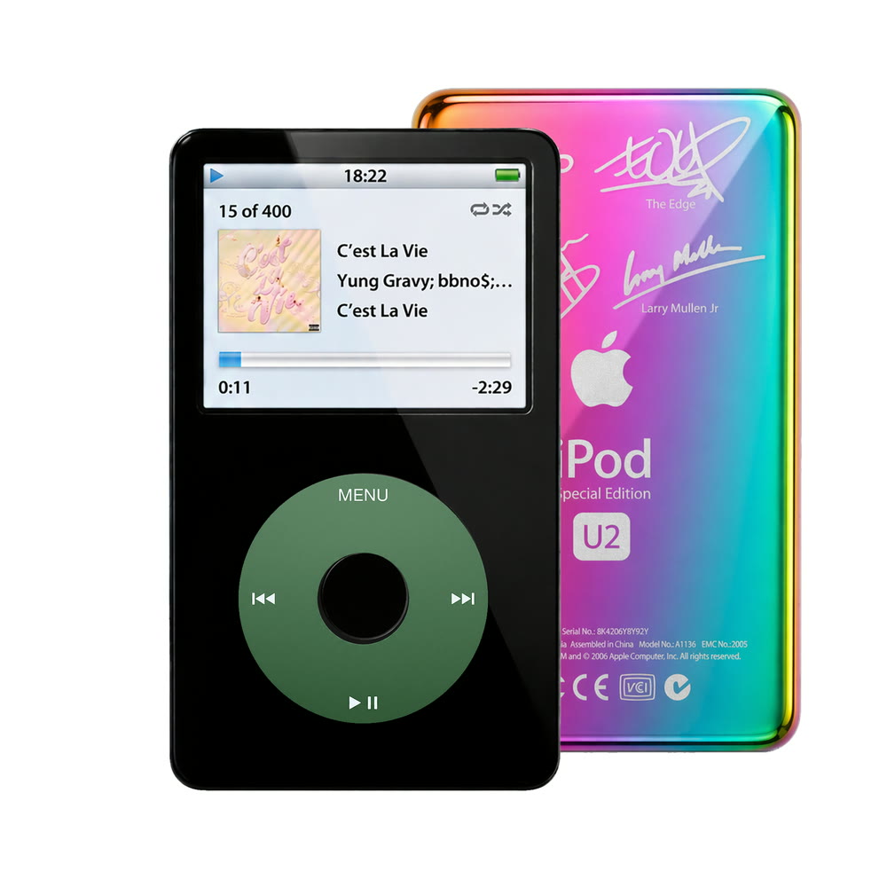 Black refurbished iPod Video 5.5 Gen with Green click wheel and Rainbow U2 back plate