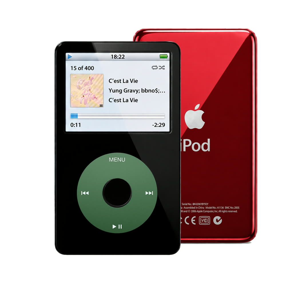 Black refurbished iPod Video 5.5 Gen with Green click wheel and Red back plate