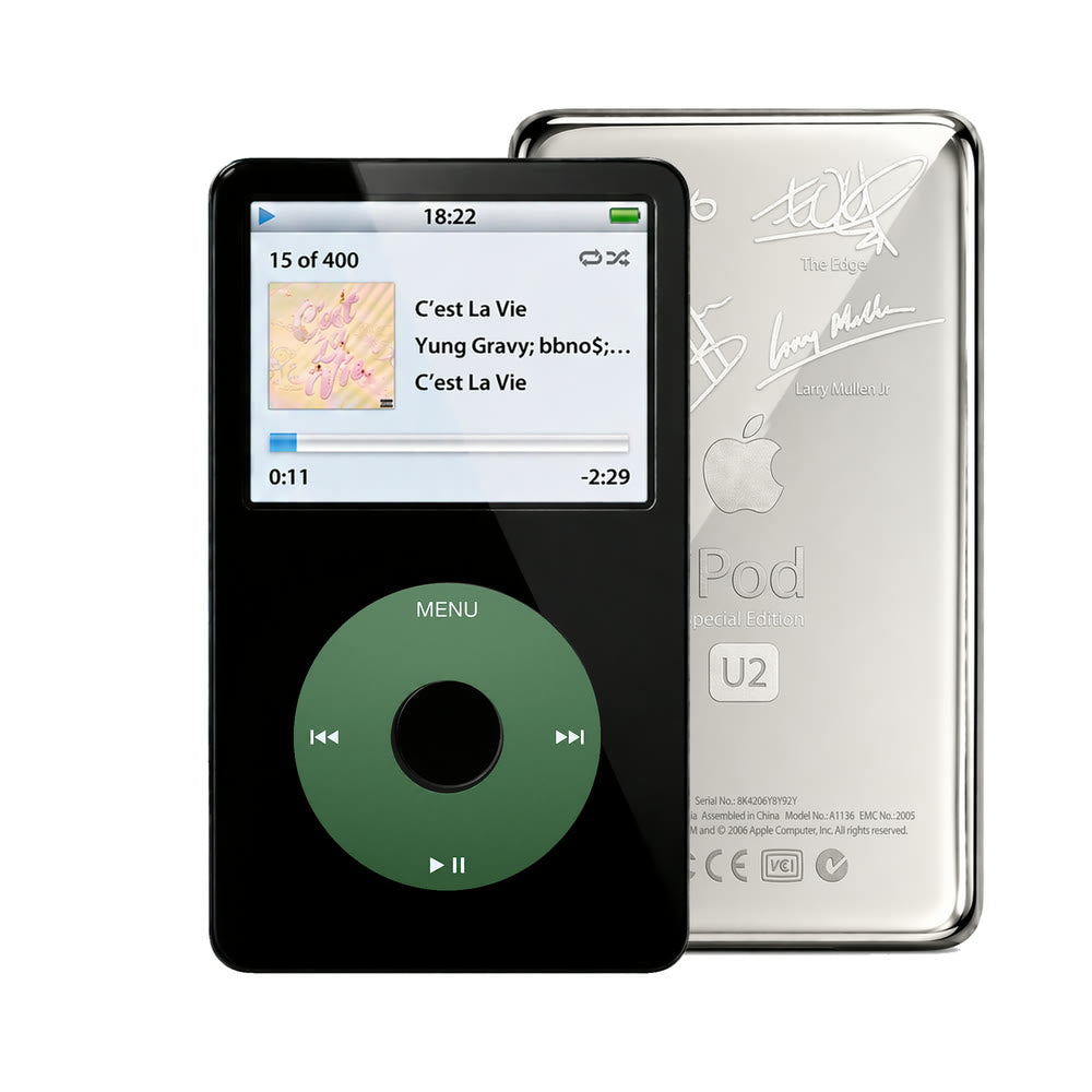 Black refurbished iPod Video 5.5 Gen with Green click wheel and Silver U2 back plate