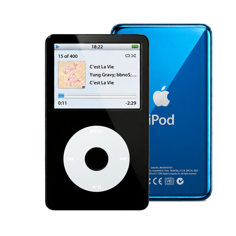 Black refurbished iPod Video 5.5 Gen with Gray click wheel and Blue back plate