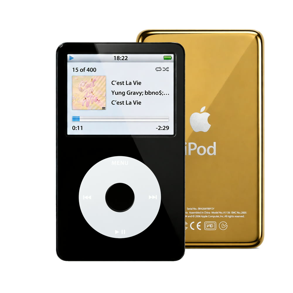 Black refurbished iPod Video 5.5 Gen with Gray click wheel and Gold back plate