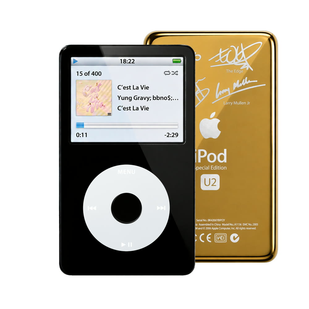 Black refurbished iPod Video 5.5 Gen with Gray click wheel and Gold U2 back plate
