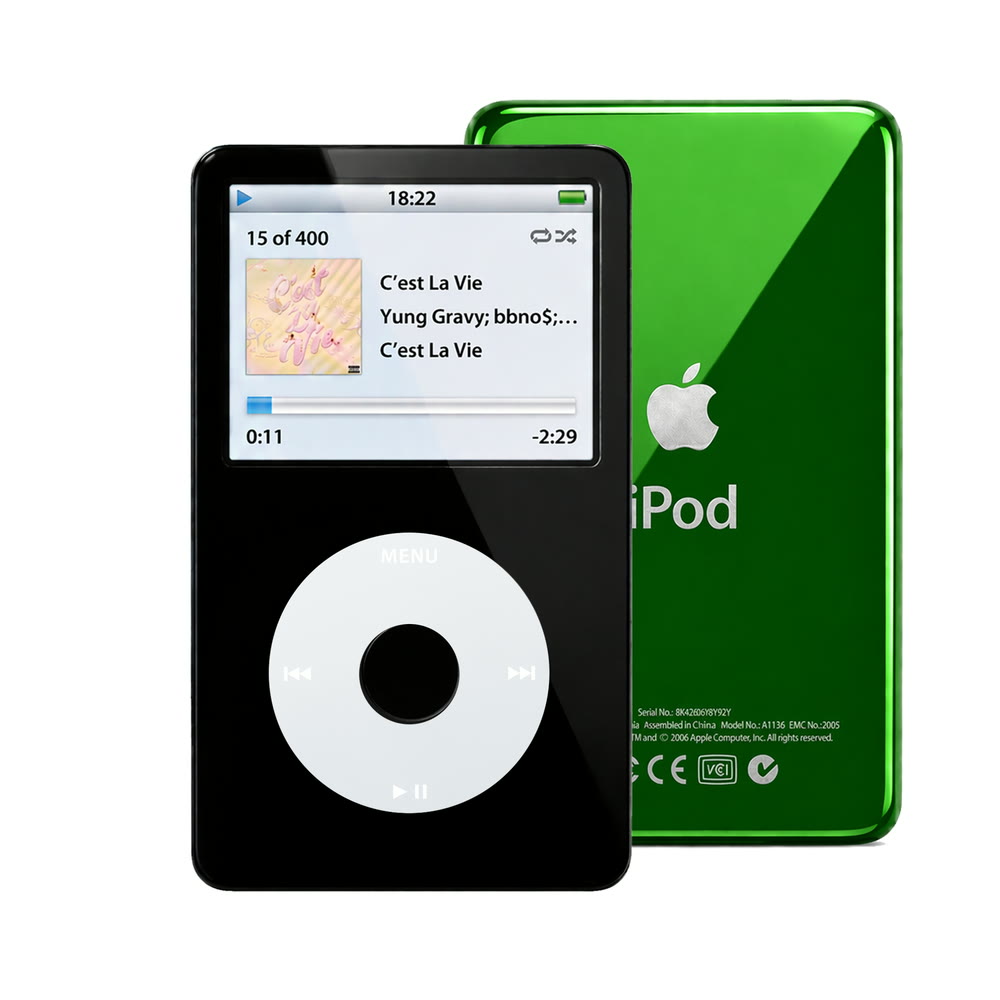 Black refurbished iPod Video 5.5 Gen with Gray click wheel and Green back plate