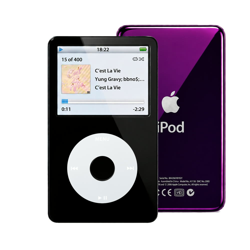 Black refurbished iPod Video 5.5 Gen with Gray click wheel and Purple back plate