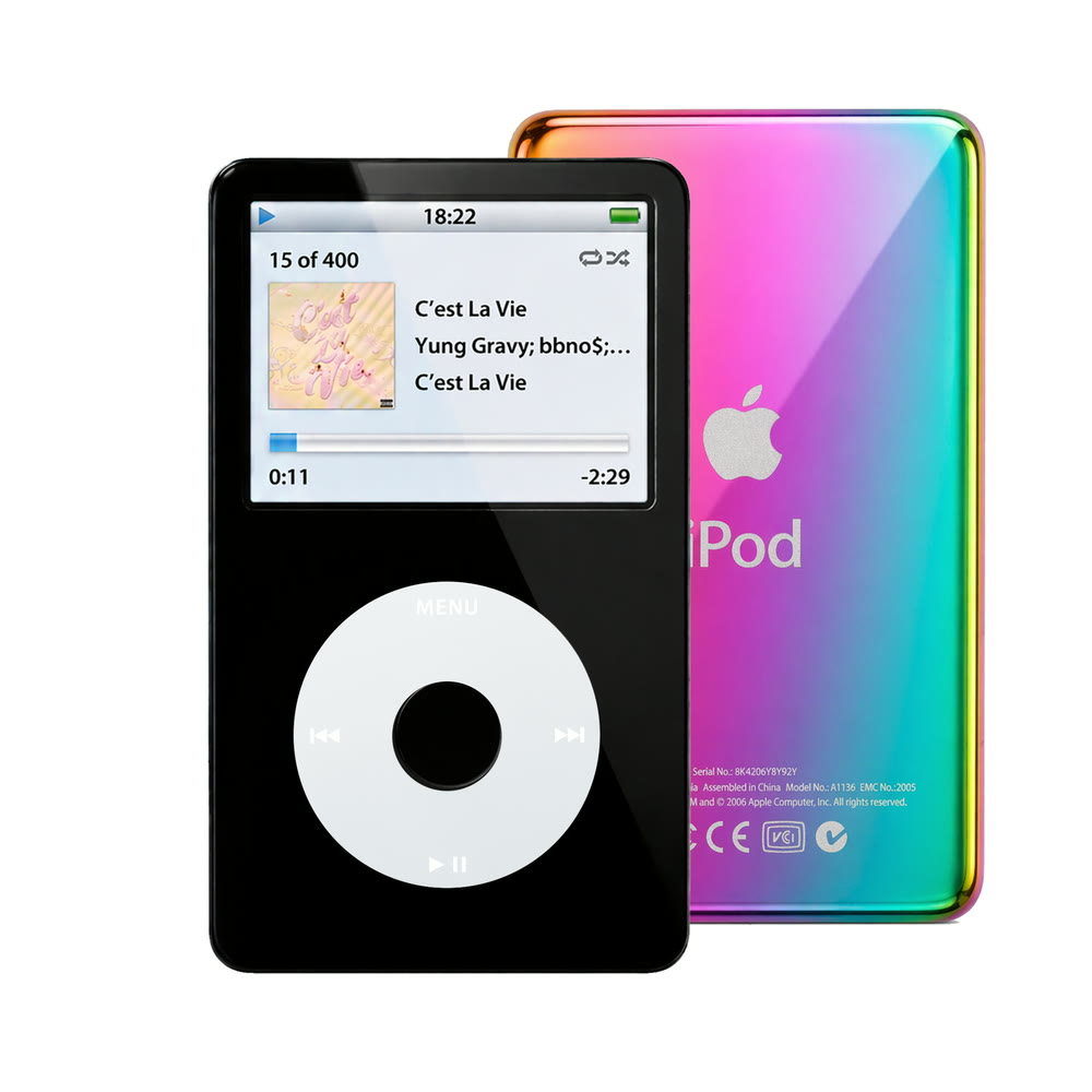 Black refurbished iPod Video 5.5 Gen with Gray click wheel and Rainbow back plate