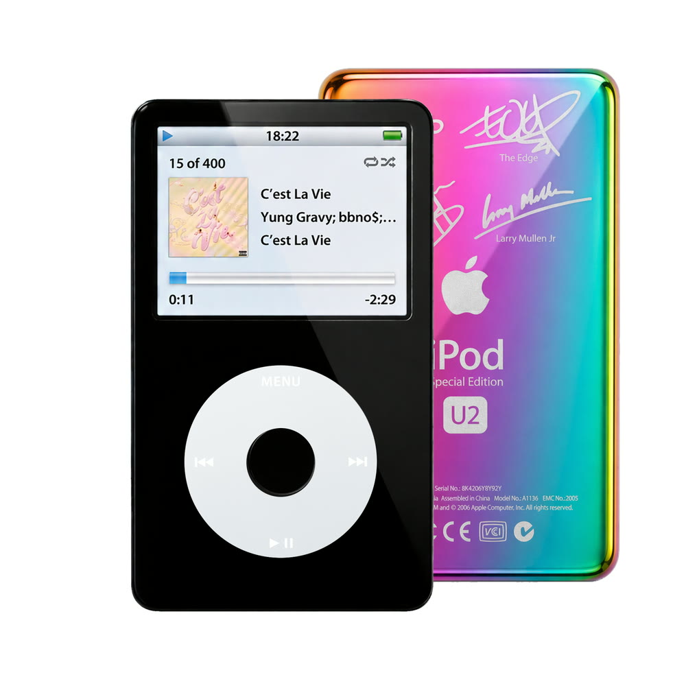 Black refurbished iPod Video 5.5 Gen with Gray click wheel and Rainbow U2 back plate