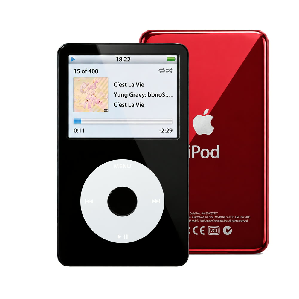 Black refurbished iPod Video 5.5 Gen with Gray click wheel and Red back plate