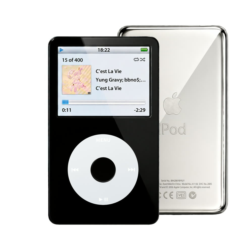 Black refurbished iPod Video 5.5 Gen with Gray click wheel and Silver back plate