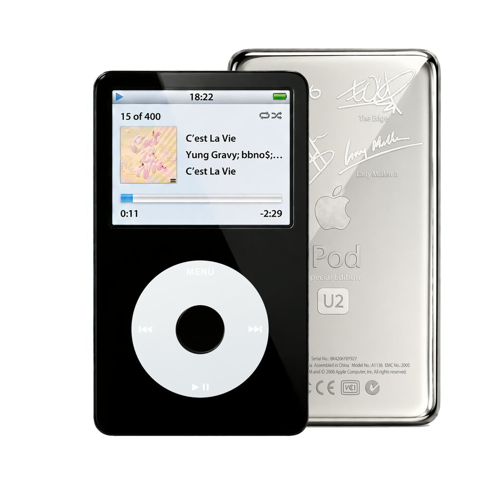 Black refurbished iPod Video 5.5 Gen with Gray click wheel and Silver U2 back plate