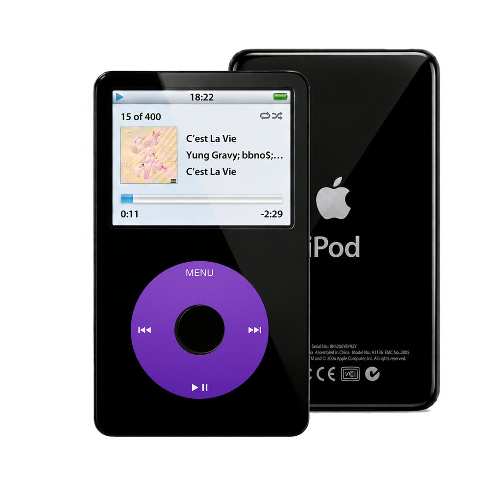Black refurbished iPod Video 5.5 Gen with Purple click wheel and Black back plate